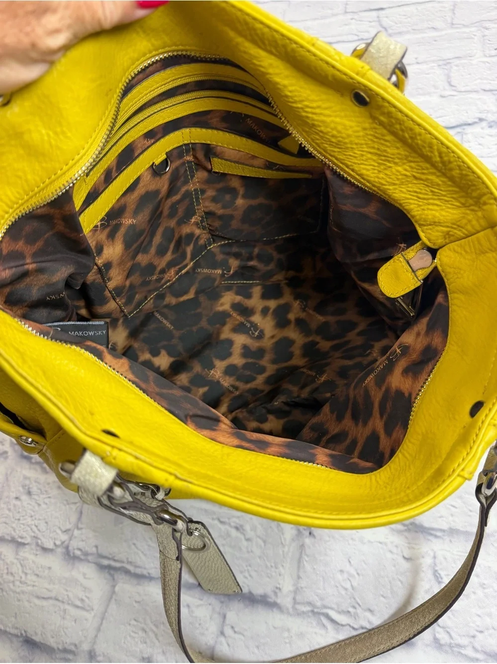 b. makowsky Yellow Pebbled Leather Tote with Neutral Trim